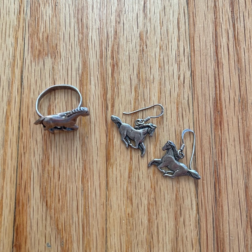 Sterling Silver Stallion Horse Ring and Earrings Set 925